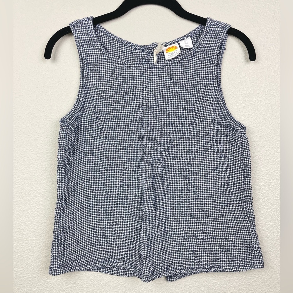 C&C California NWT Women's Small Navy Gingham Button Back Tank Top Linen Beach
